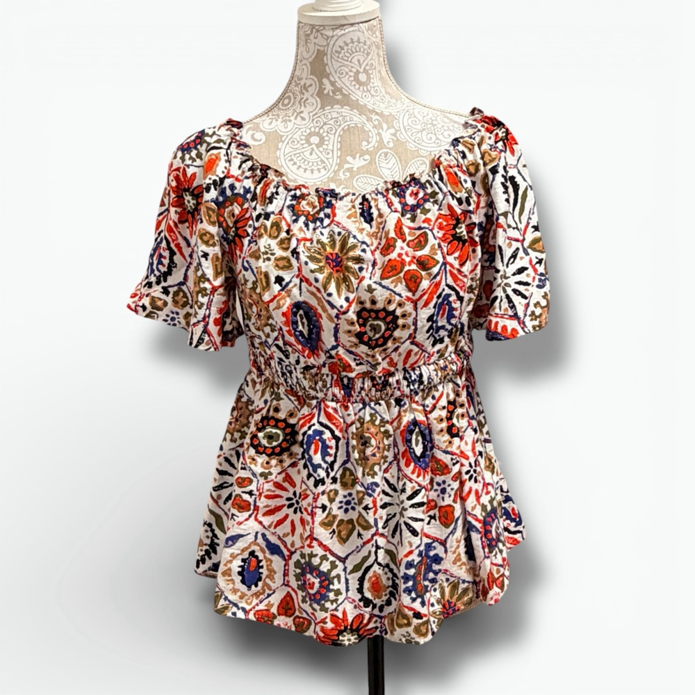Bebonnie Women’s Boho Floral Peplum Top Size M Rayon Nylon Short Sleeve